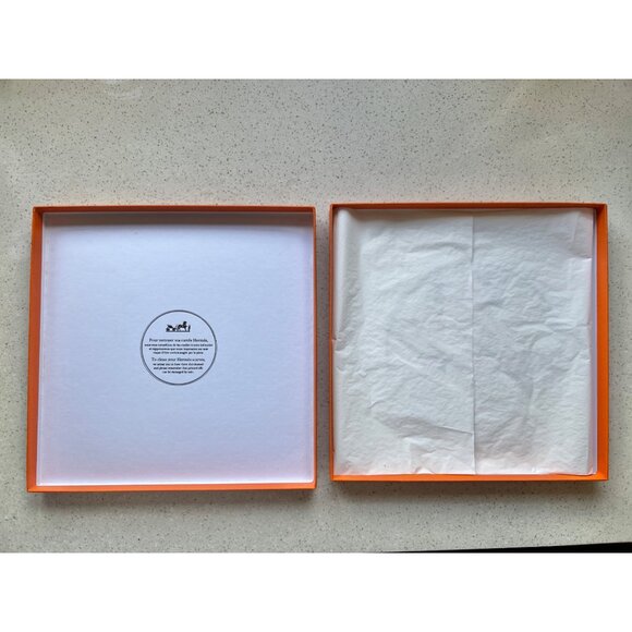 Hermes Orange Scarf Gift Box With Tissue Paper 9 3/8” x 9.5” x 1” Luxury Storage - Picture 10 of 13